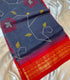 Gadwal Cotton Slate blue saree with Vibrant red  with gold-toned zari border