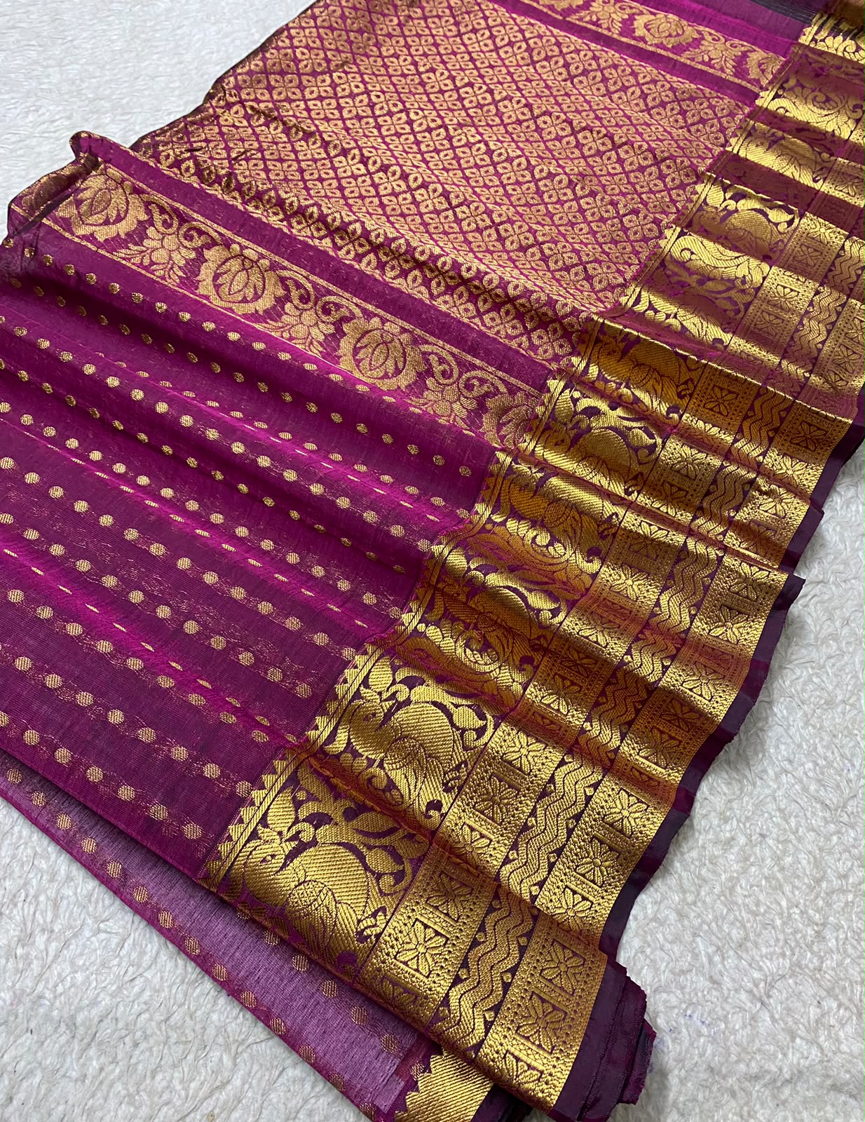 SIco Gadwal deep purple body with small gold zari motifs and a broad gold zari brocade borde