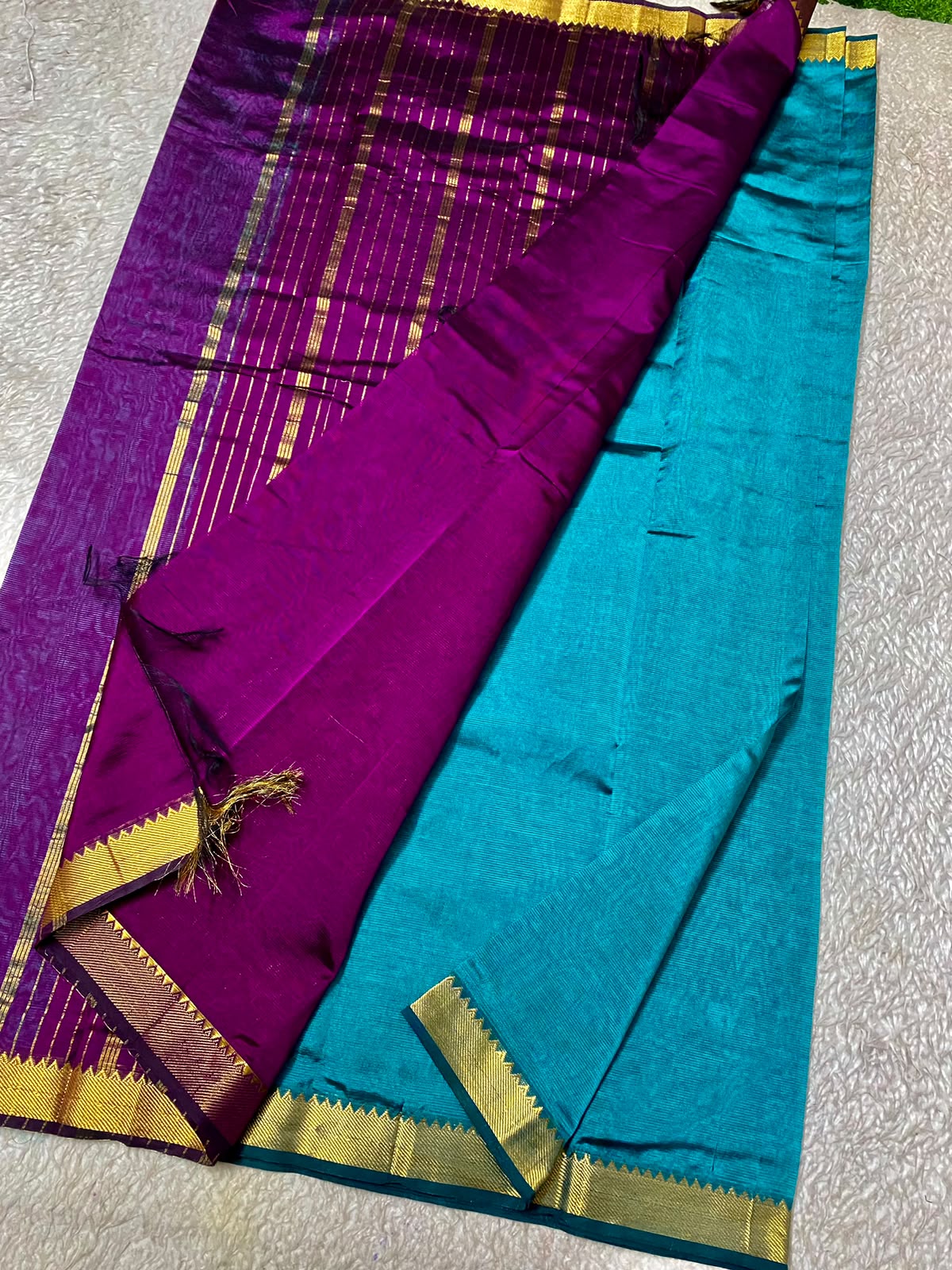 Mangalagiri Silk with NIzam border  blue  with  purpleple pallu