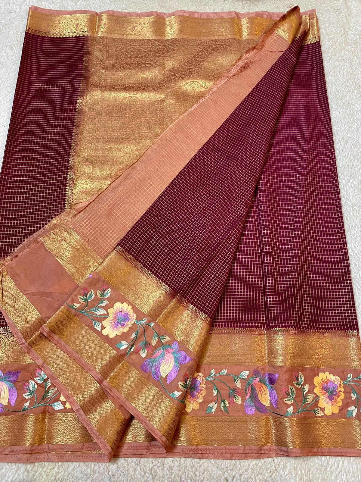 Mysore Silk saree with embroidery design border dark maroon and gold