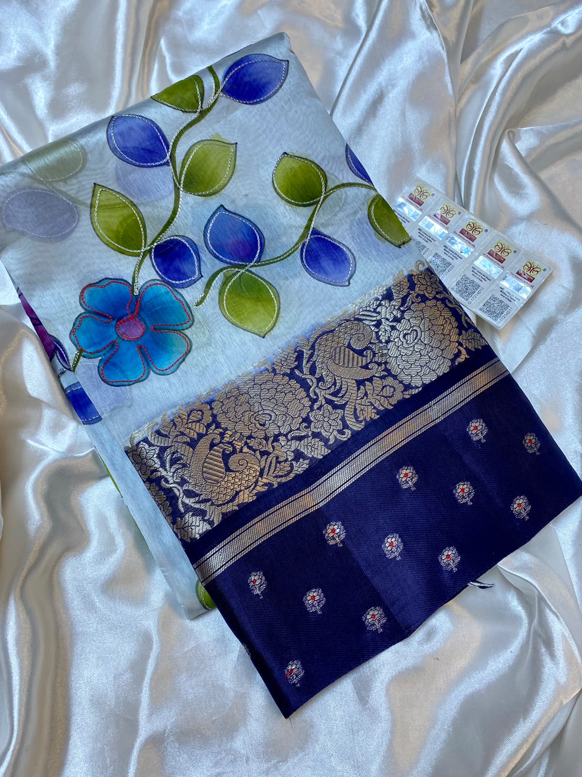 Floral Blue Raw Mango Silk Saree