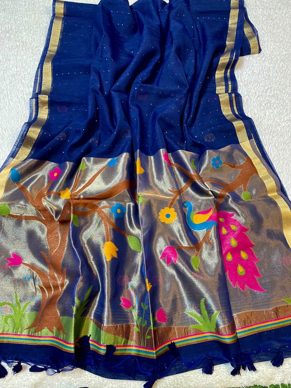 Blue Lenin Tissue with Paithani border