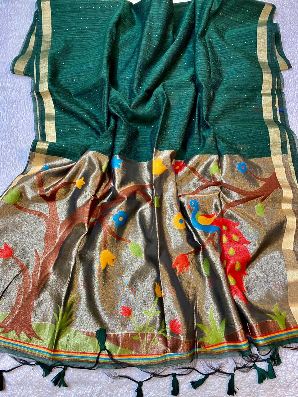 Dark Green Lenin Tissue with Paithani border