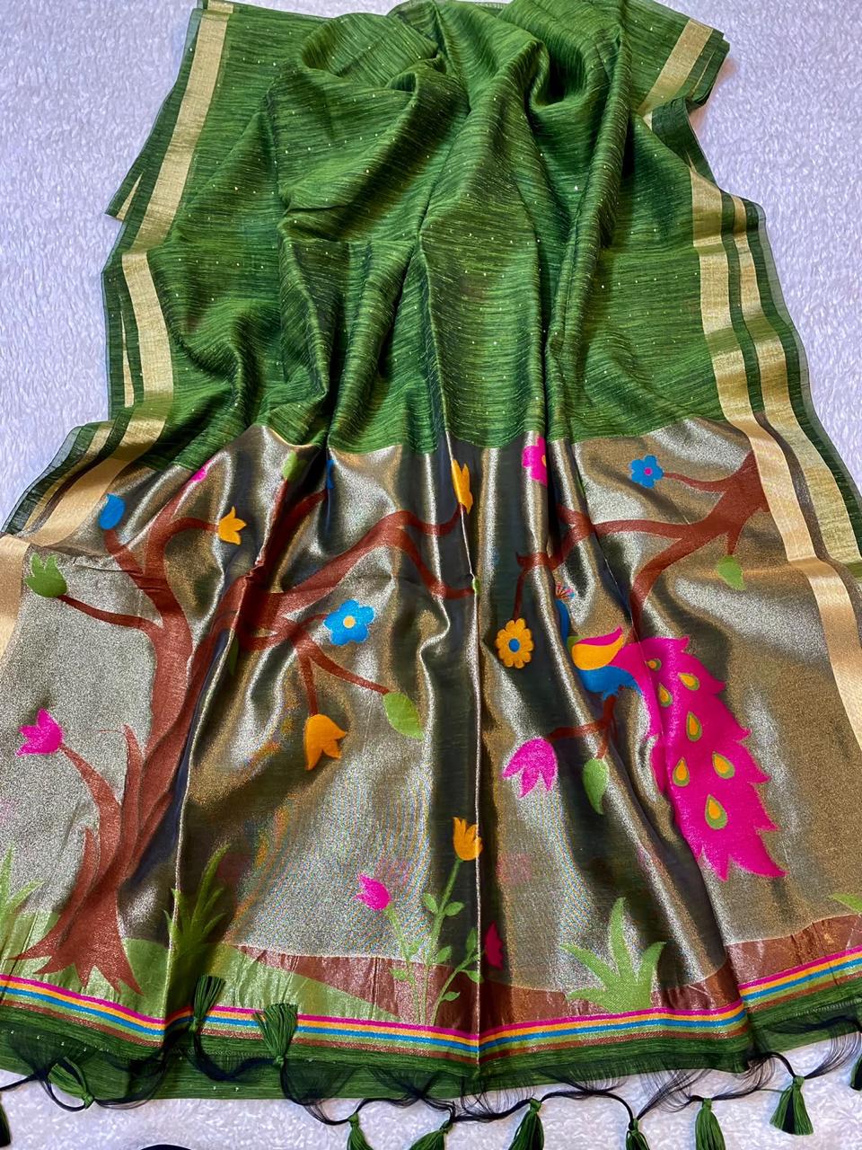 Parrot Green Lenin Tissue with Paithani border