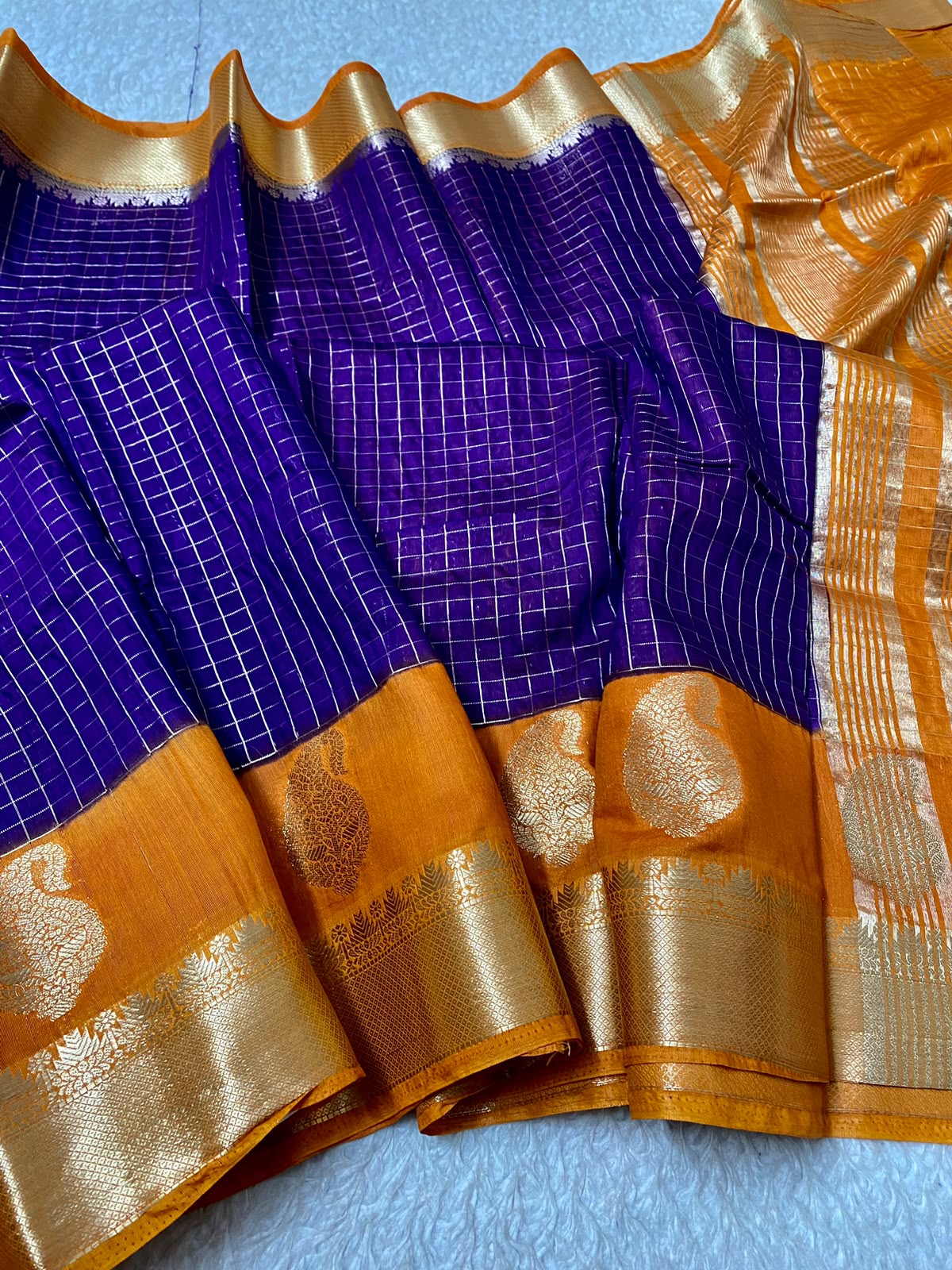 Blue checks Mysore Silk Saree