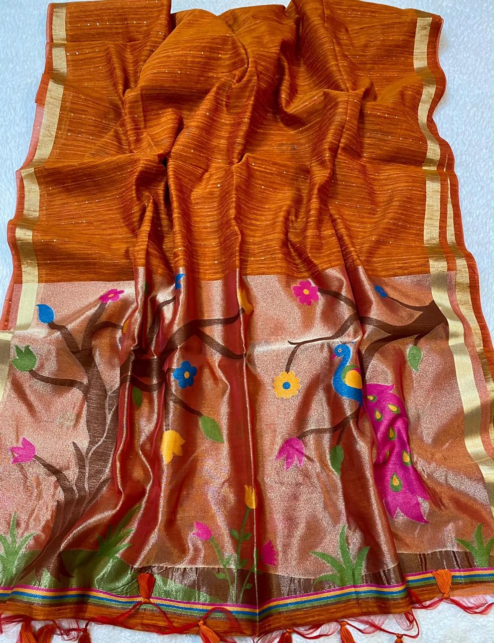 Orange Lenin Tissue with Paithani border