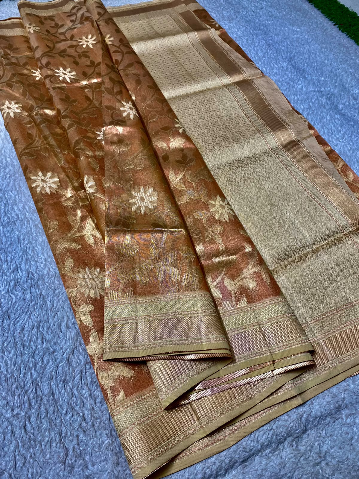 Orange Floral Semi Kanchi Pattu