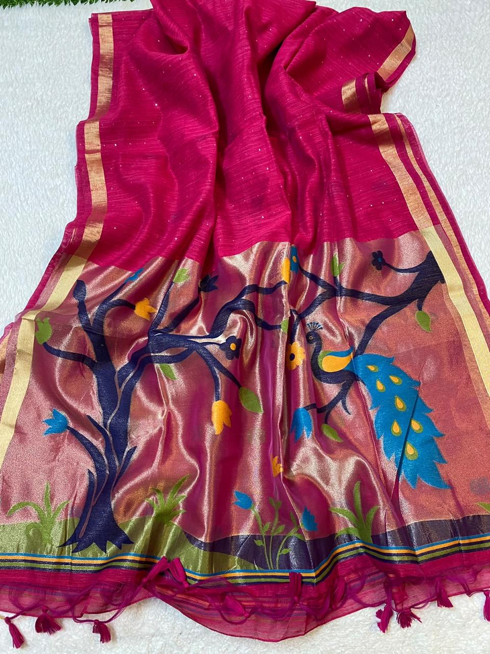 Pink Lenin Tissue with Paithani border