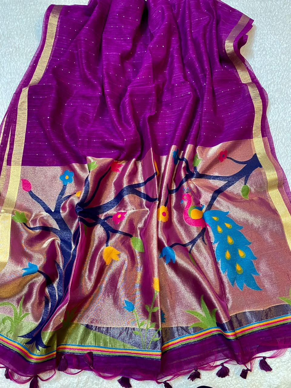 Purple Pink Lenin Tissue with Paithani border