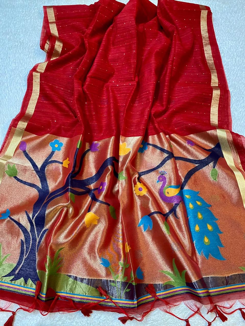 Red Lenin Tissue with Paithani border