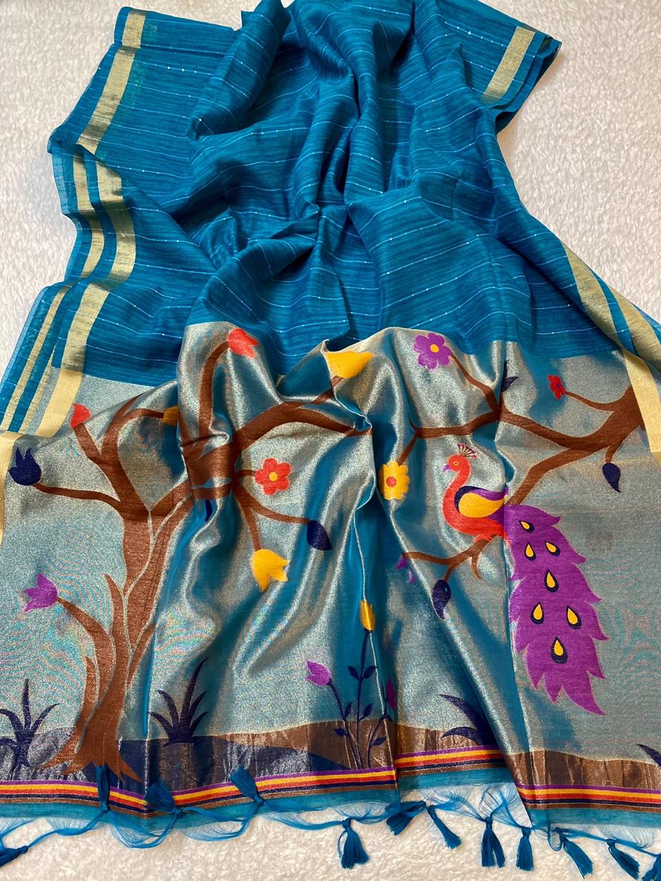Skyblue Lenin Tissue with Paithani border